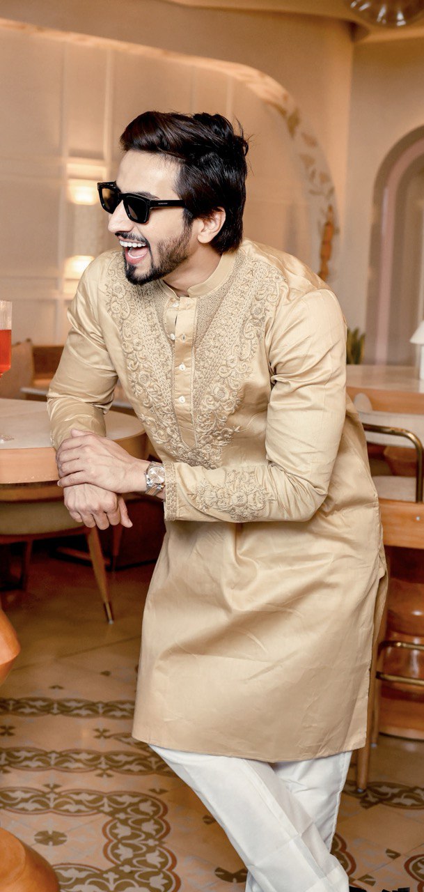 Beige Neck Cotton Embroidered Work Men's Kurta with Pajama