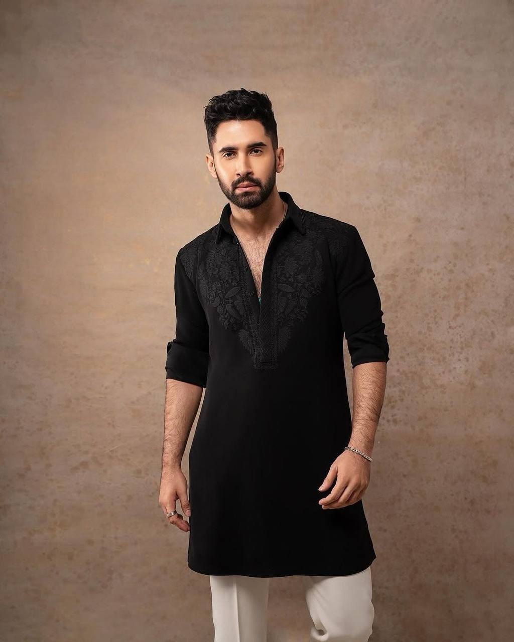 BLACK  EMBROIDERED WORK KURTA PAJAMA SET