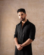 BLACK  EMBROIDERED WORK KURTA PAJAMA SET