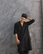 BLACK  EMBROIDERED AND SEQUENCE KURTA WITH PAJAMA
