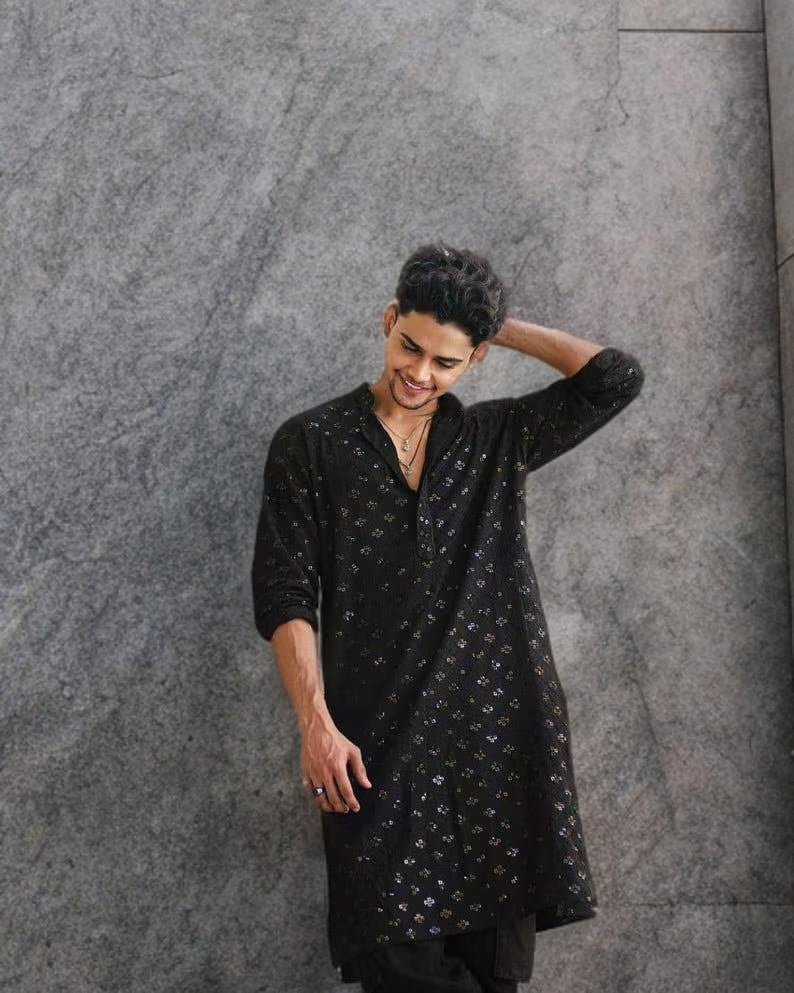 BLACK  EMBROIDERED AND SEQUENCE KURTA WITH PAJAMA