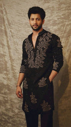 BLACK EMBROIDERED DORI AND SEQUNCES WORK KURTA PAJAMA SET FOR MEN'S