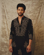 BLACK EMBROIDERED DORI AND SEQUNCES WORK KURTA PAJAMA SET FOR MEN'S