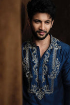 BLUE JARI NACK PURE GAJI SILK EMBROIDERED KURTA WITH PAJAMA SET