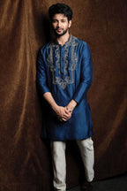 BLUE JARI NACK PURE GAJI SILK EMBROIDERED KURTA WITH PAJAMA SET