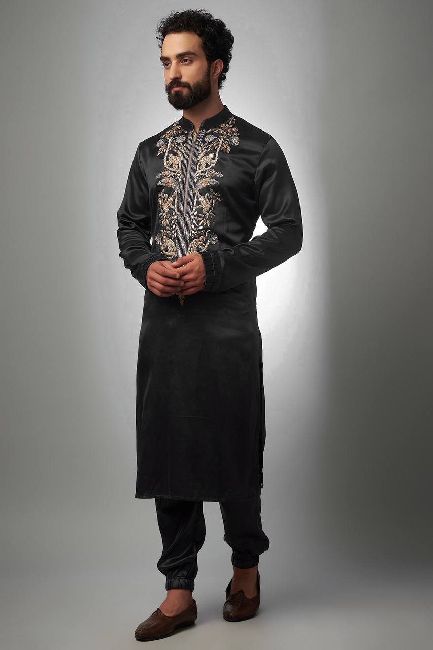 BLACK NACK SATIN EMBROIDERED KURTA WITH PAJAMA SET