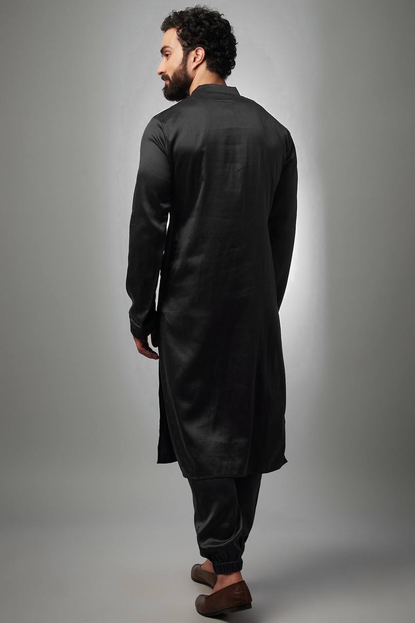 BLACK NACK SATIN EMBROIDERED KURTA WITH PAJAMA SET