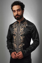 BLACK NACK SATIN EMBROIDERED KURTA WITH PAJAMA SET