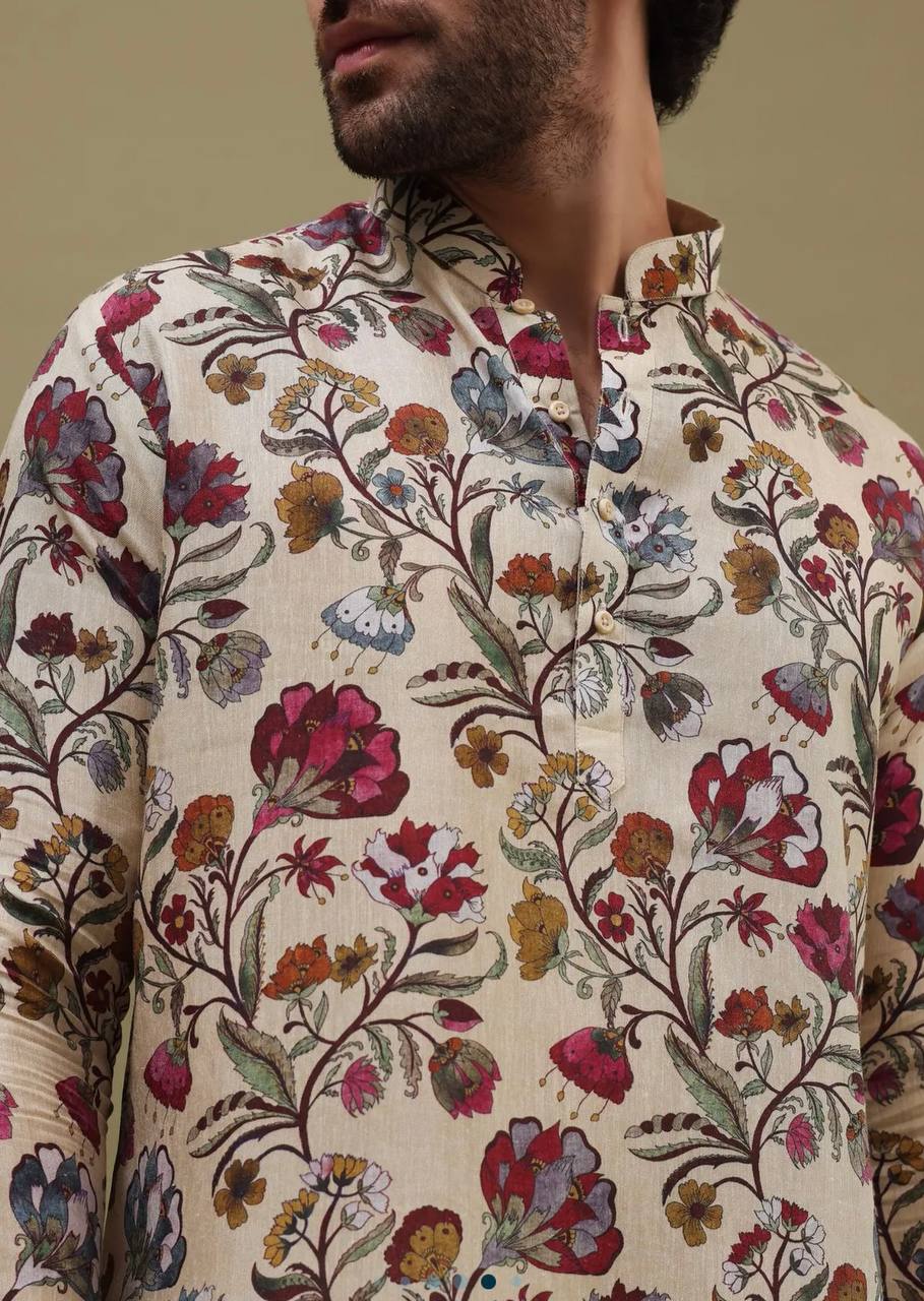 OFF WHITE FLOWER PRINTED KURTA PAJAMA SET