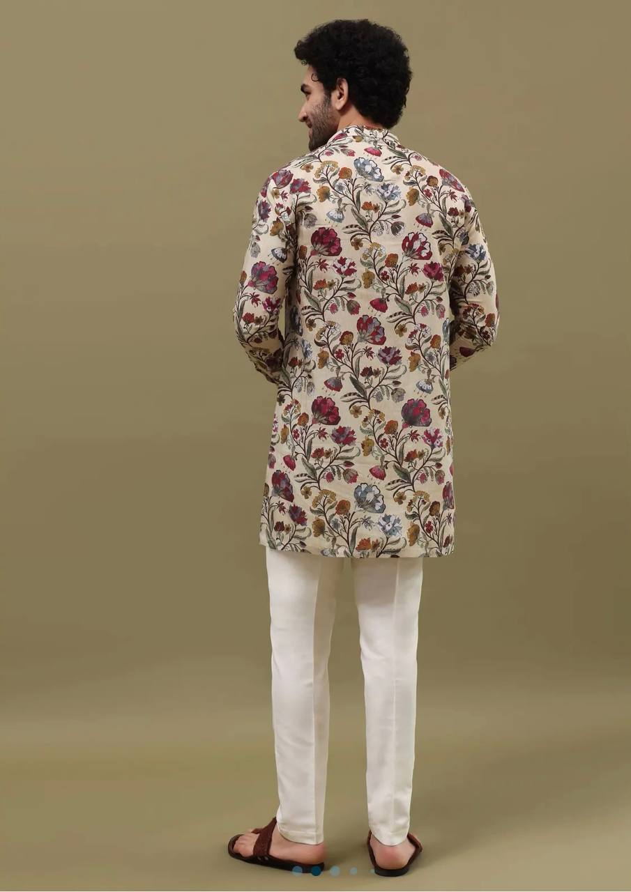 OFF WHITE FLOWER PRINTED KURTA PAJAMA SET