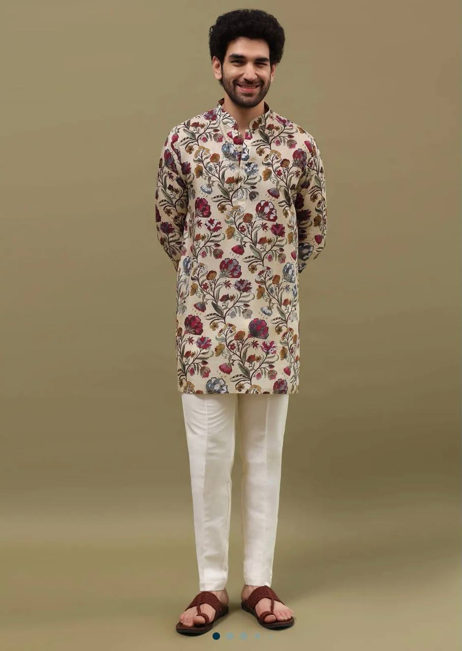 OFF WHITE FLOWER PRINTED KURTA PAJAMA SET