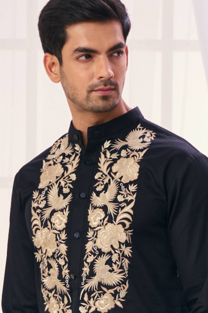 BLACK NECK BIRDS EMBROIDERED WORK MEN’S KURTA WITH PAJAMA