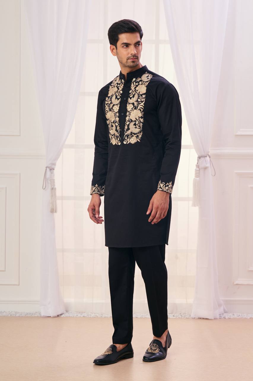 BLACK NECK BIRDS EMBROIDERED WORK MEN’S KURTA WITH PAJAMA
