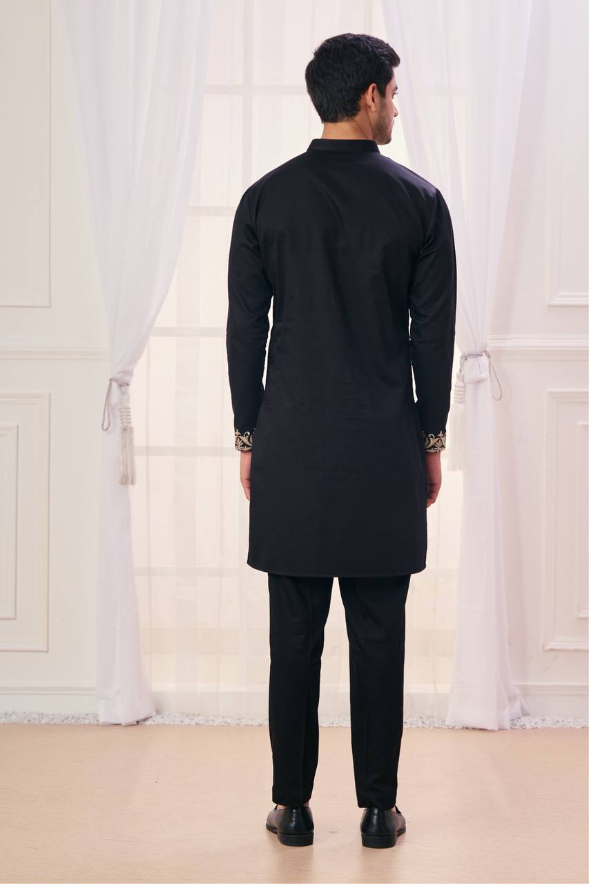 BLACK NECK BIRDS EMBROIDERED WORK MEN’S KURTA WITH PAJAMA