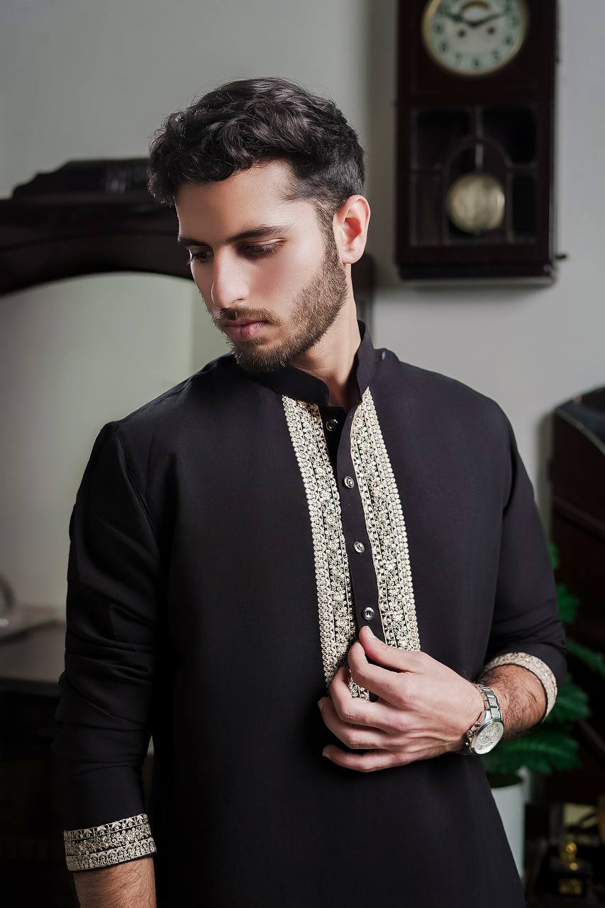 BLACK NACK GOLDEN EMBROIDERED KURTA WITH PAJAMA SET