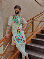 OFF WHITE NECK PRINTED KURTA PAJAMA SET