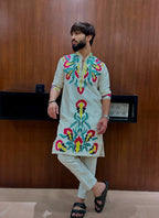 OFF WHITE NECK PRINTED KURTA PAJAMA SET