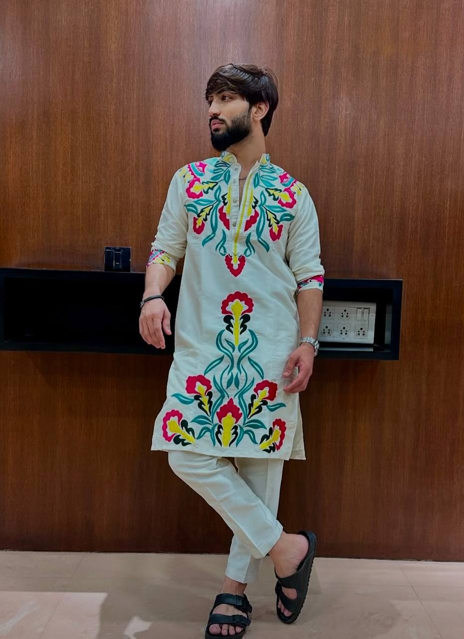 OFF WHITE NECK PRINTED KURTA PAJAMA SET