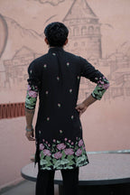 BLACK PINK LOTUS HEAVY FLORAL EMBROIDERED KURTA WITH PAJAMA