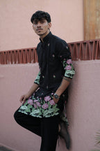BLACK PINK LOTUS HEAVY FLORAL EMBROIDERED KURTA WITH PAJAMA