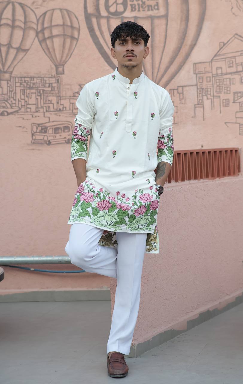 OFF WHITE LOTUS HEAVY FLORAL EMBROIDERED KURTA WITH PAJAMA