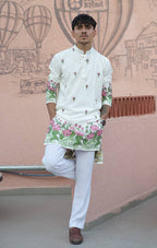 OFF WHITE LOTUS HEAVY FLORAL EMBROIDERED KURTA WITH PAJAMA