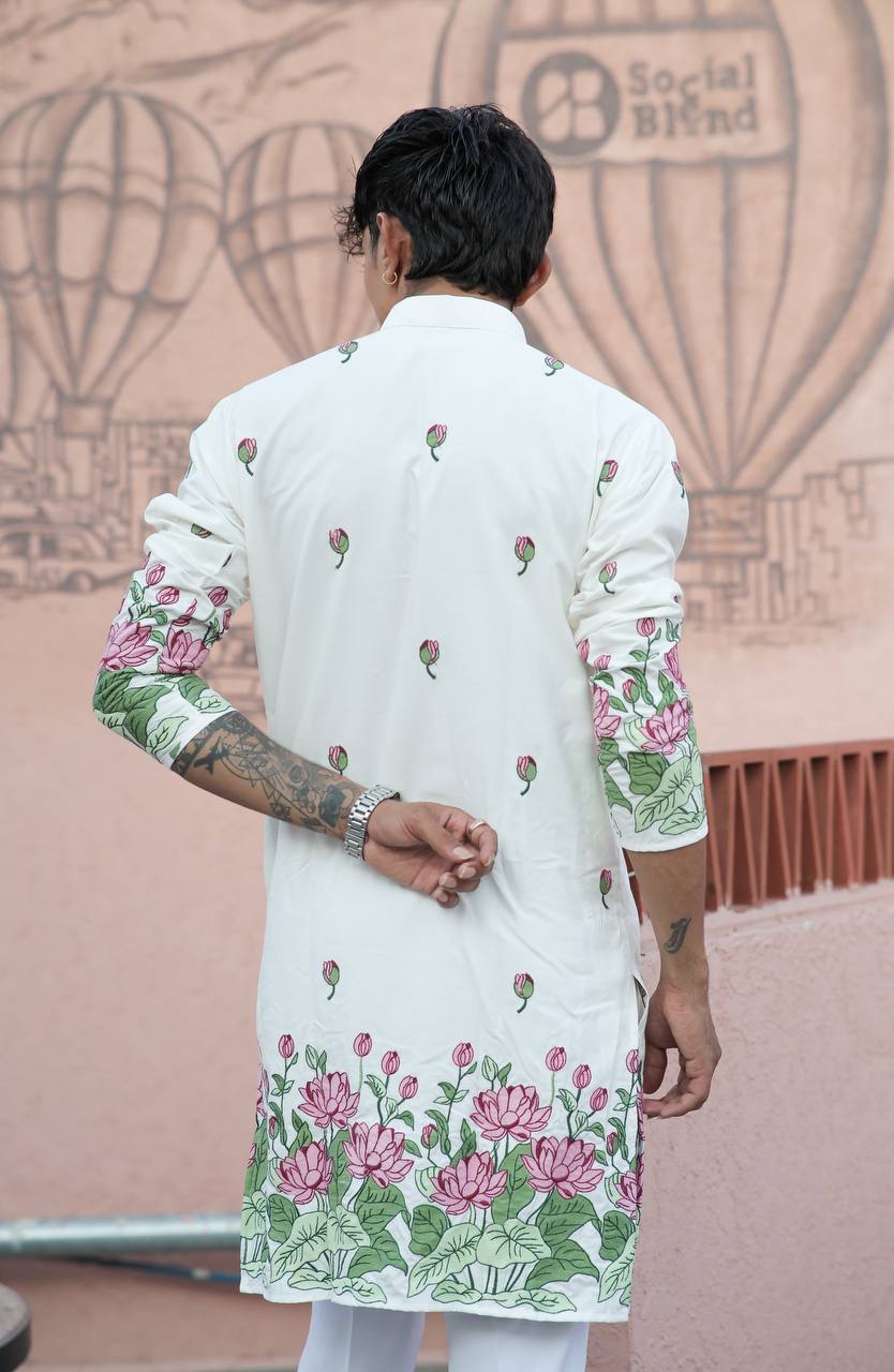 OFF WHITE LOTUS HEAVY FLORAL EMBROIDERED KURTA WITH PAJAMA