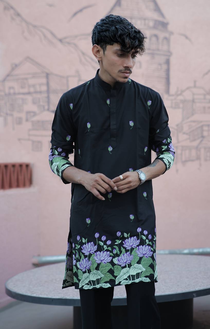 BLACK PURPLE   LOTUS HEAVY FLORAL EMBROIDERED KURTA WITH PAJAMA
