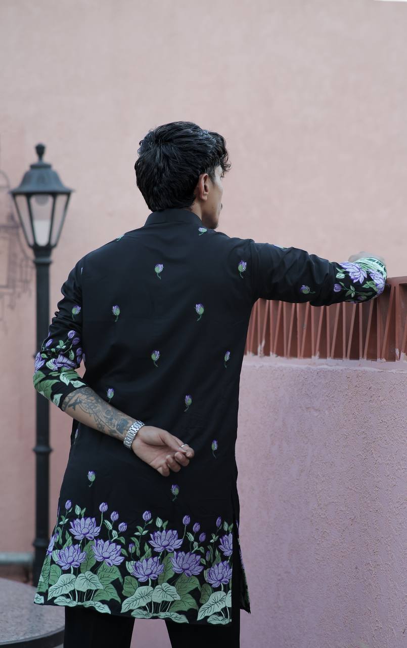 BLACK PURPLE   LOTUS HEAVY FLORAL EMBROIDERED KURTA WITH PAJAMA