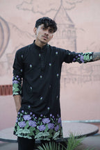 BLACK PURPLE   LOTUS HEAVY FLORAL EMBROIDERED KURTA WITH PAJAMA