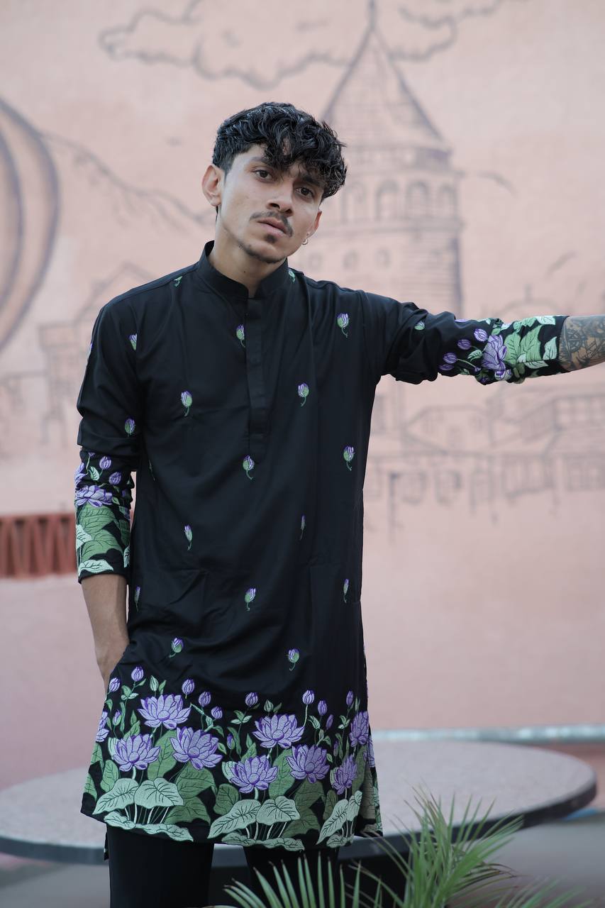 BLACK PURPLE   LOTUS HEAVY FLORAL EMBROIDERED KURTA WITH PAJAMA
