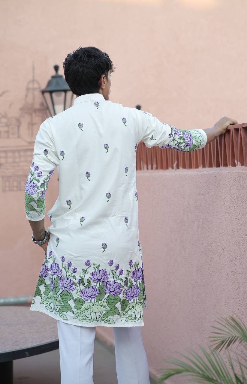 OFF WHITE  PURPLE LOTUS HEAVY FLORAL EMBROIDERED KURTA WITH PAJAMA