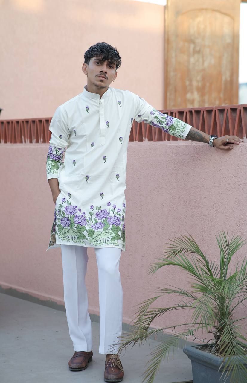 OFF WHITE  PURPLE LOTUS HEAVY FLORAL EMBROIDERED KURTA WITH PAJAMA