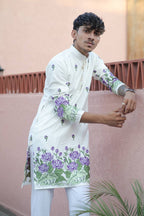 OFF WHITE  PURPLE LOTUS HEAVY FLORAL EMBROIDERED KURTA WITH PAJAMA