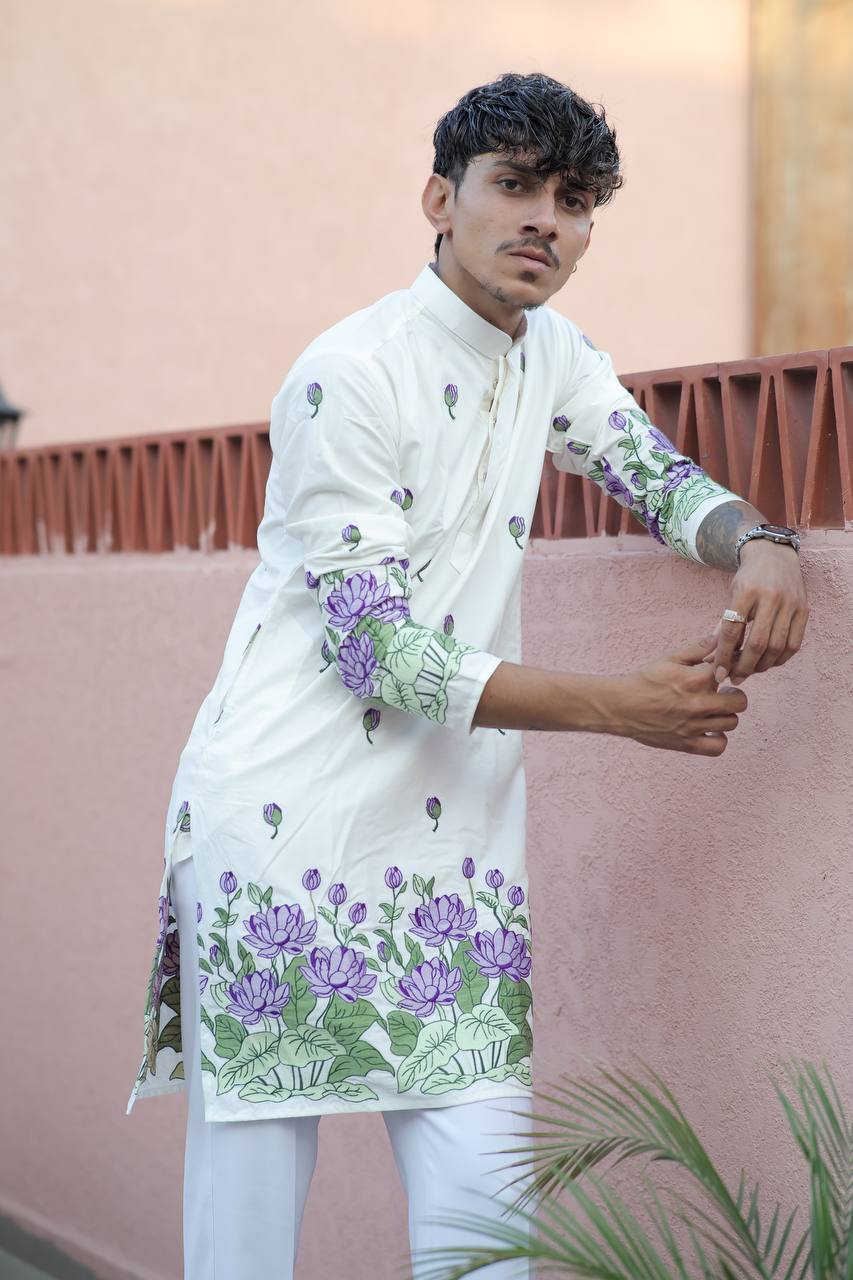 OFF WHITE  PURPLE LOTUS HEAVY FLORAL EMBROIDERED KURTA WITH PAJAMA