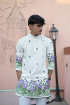 OFF WHITE  PURPLE LOTUS HEAVY FLORAL EMBROIDERED KURTA WITH PAJAMA