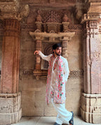 OFF WHITE HEAVY EMBROIDERED WORK KURTA PAJAMA AND DUPATTA SET FOR MEN'S