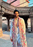 OFF WHITE HEAVY EMBROIDERED WORK KURTA PAJAMA AND DUPATTA SET FOR MEN'S