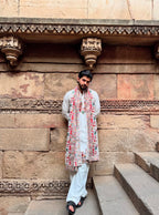 OFF WHITE HEAVY EMBROIDERED WORK KURTA PAJAMA AND DUPATTA SET FOR MEN'S