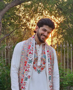 OFF WHITE HEAVY EMBROIDERED WORK KURTA PAJAMA AND DUPATTA SET FOR MEN'S