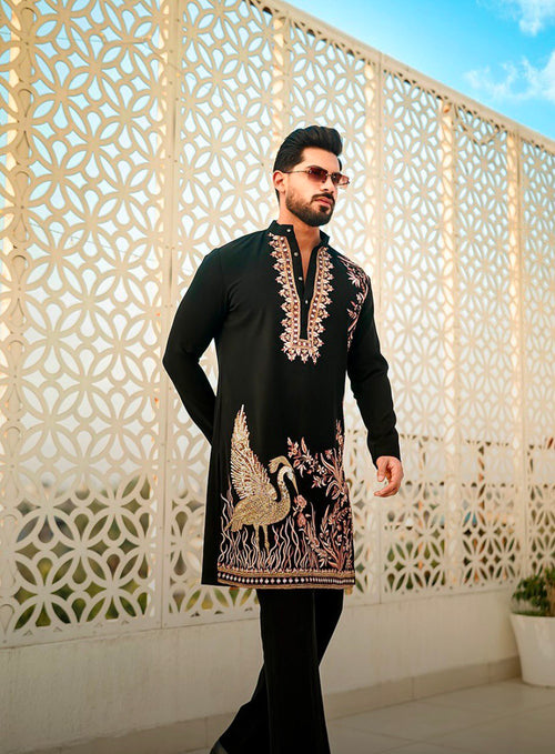 BLACK  HEAVY FLAMINGO SEQUENCE EMBROIDERED KURTA WITH PAJAMA