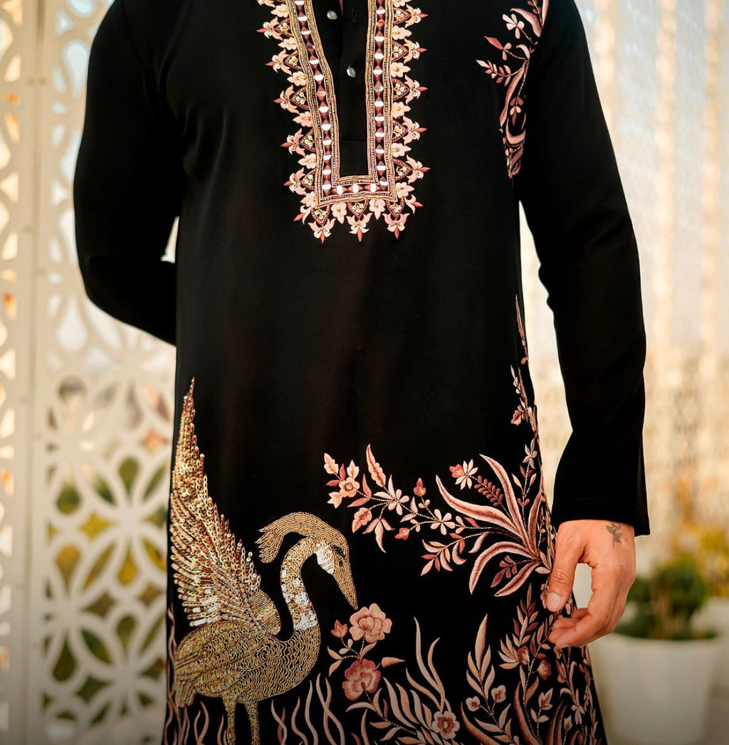 BLACK  HEAVY FLAMINGO SEQUENCE EMBROIDERED KURTA WITH PAJAMA