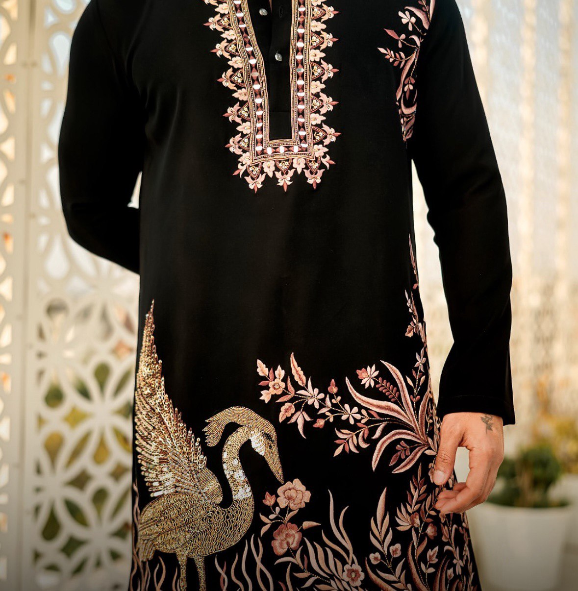 BLACK  HEAVY FLAMINGO SEQUENCE EMBROIDERED KURTA WITH PAJAMA