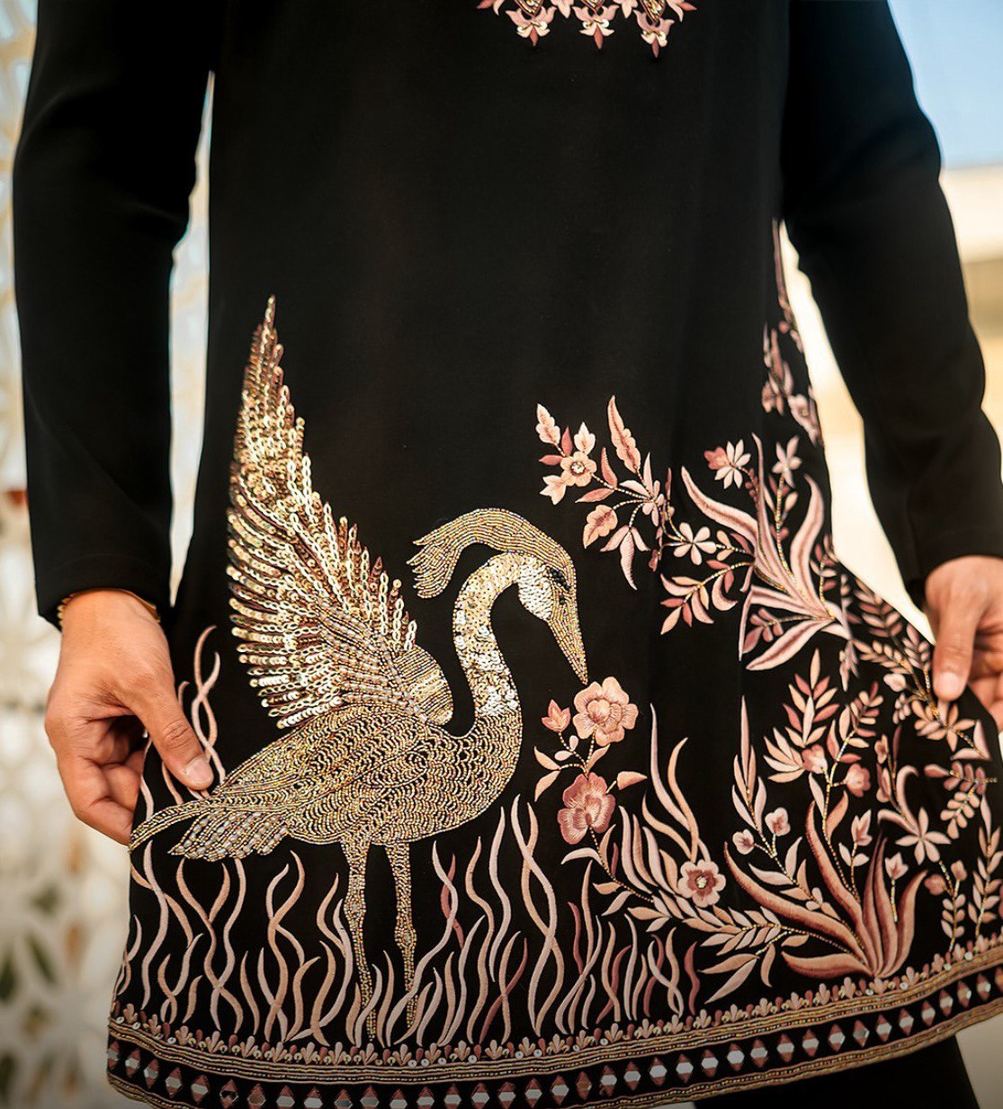 BLACK  HEAVY FLAMINGO SEQUENCE EMBROIDERED KURTA WITH PAJAMA