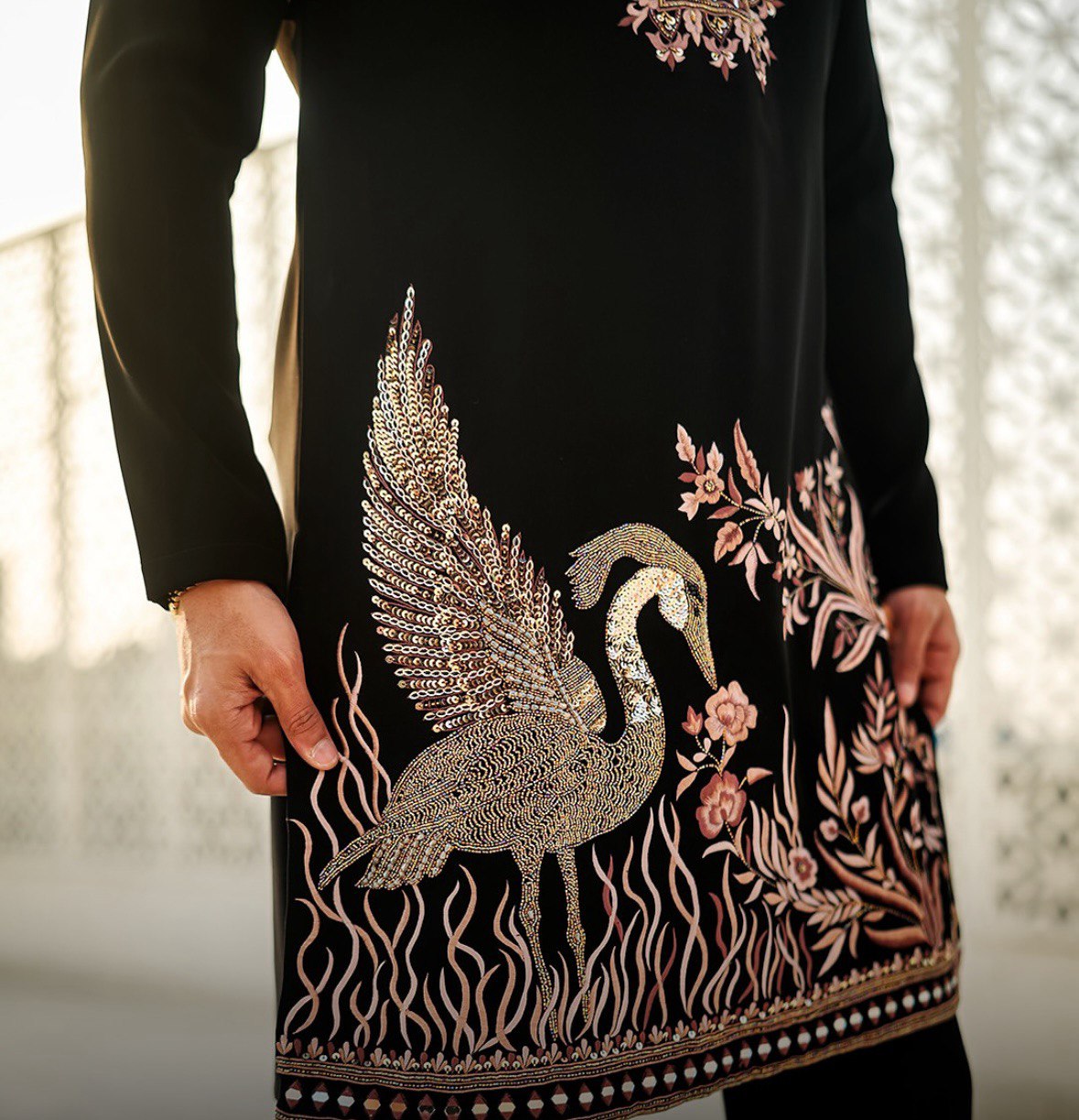 BLACK  HEAVY FLAMINGO SEQUENCE EMBROIDERED KURTA WITH PAJAMA