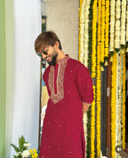 MARRON NECK SEQUENCE EMBROIDERED WORK KURTA PAJAMA SET FOR MEN'S