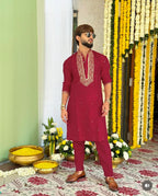 MARRON NECK SEQUENCE EMBROIDERED WORK KURTA PAJAMA SET FOR MEN'S