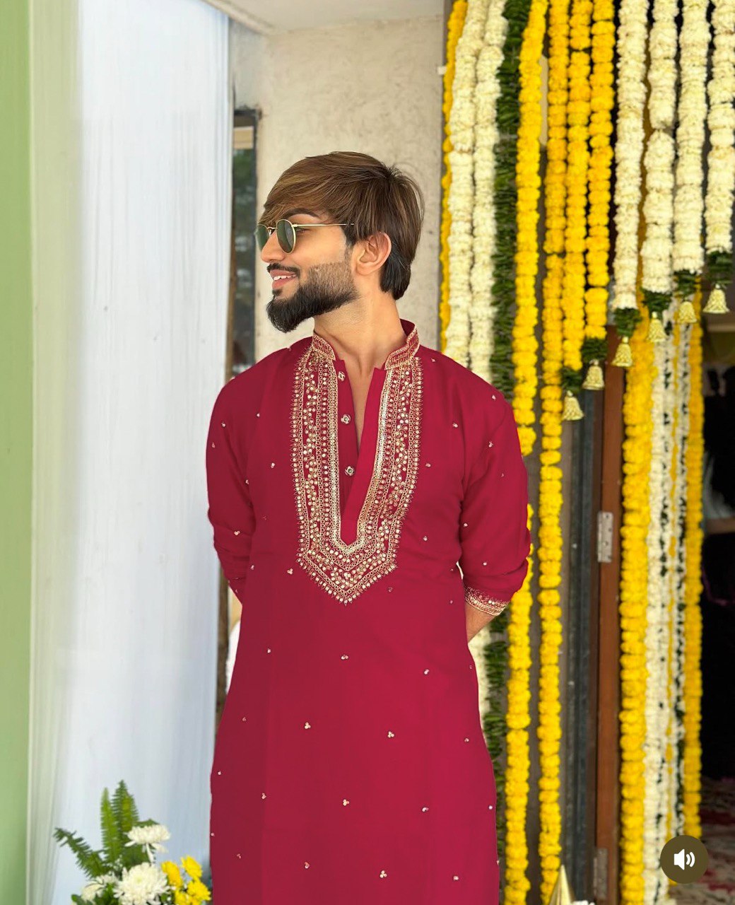 MARRON NECK SEQUENCE EMBROIDERED WORK KURTA PAJAMA SET FOR MEN'S