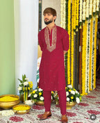 MARRON NECK SEQUENCE EMBROIDERED WORK KURTA PAJAMA SET FOR MEN'S