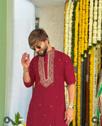 MARRON NECK SEQUENCE EMBROIDERED WORK KURTA PAJAMA SET FOR MEN'S